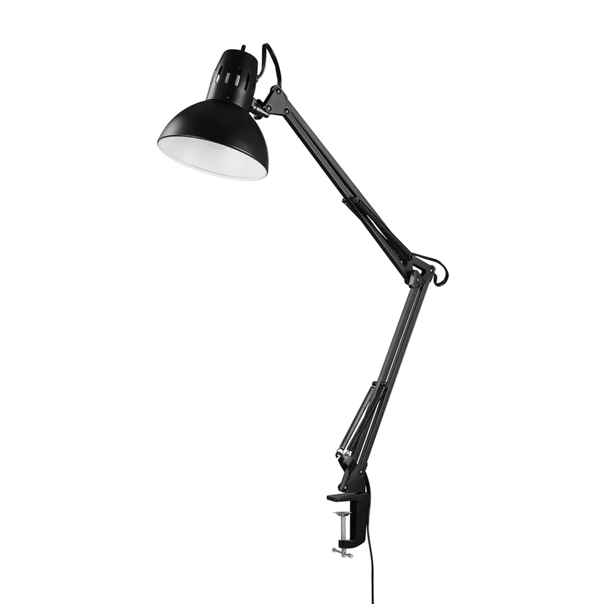 Black metal desk lamp with multi-joint swing arm and clamp base, rectangular shade with rotary switch on top