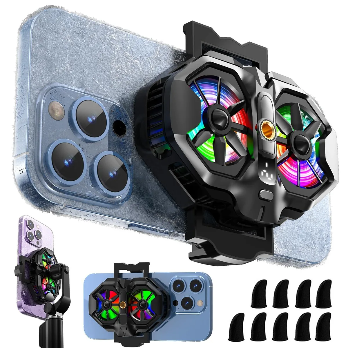 Black rectangular phone cooler with dual fans, LED temperature display and RGB lighting, 3.62 x 1.37 x 2.36 inches