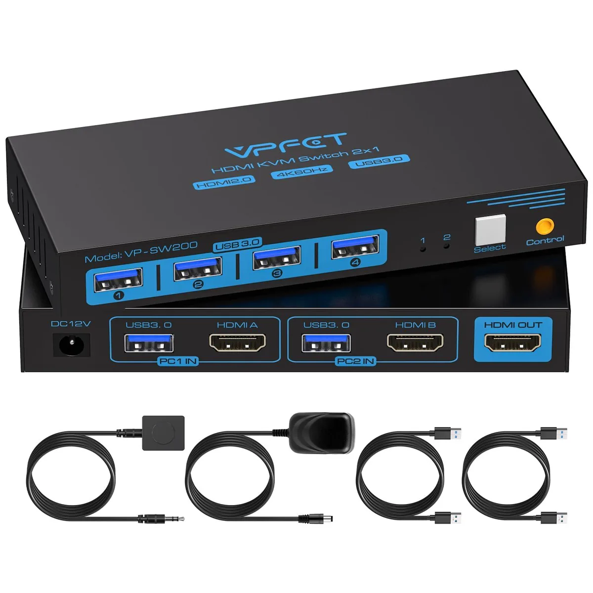  TRENDnet SW200-Deep Blue KVM Switch 2 PC 1 Monitor 4K60Hz 4 USB 3.0 — product photo