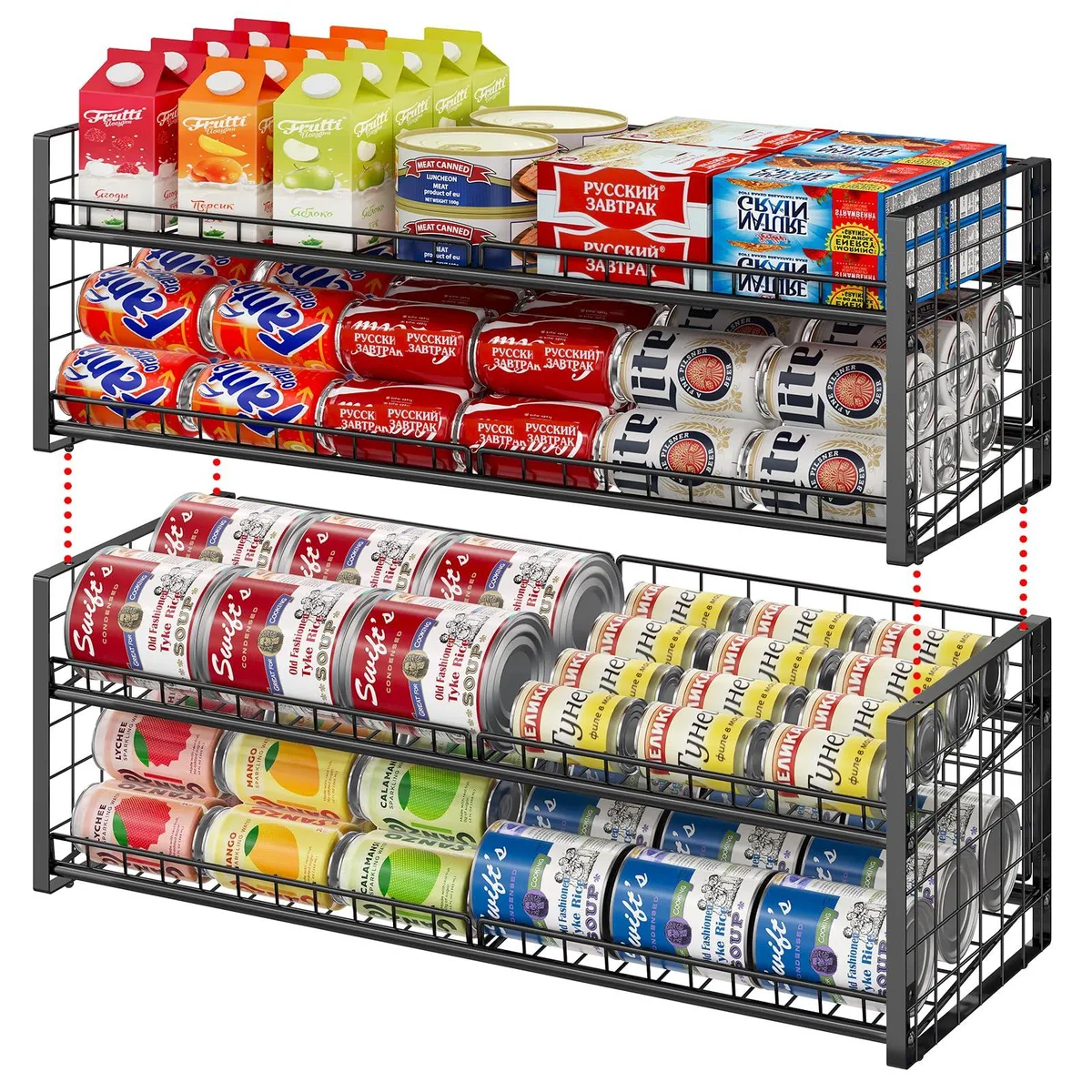 Two red plastic can racks, each with two angled tiers and mesh side panels, stacked together