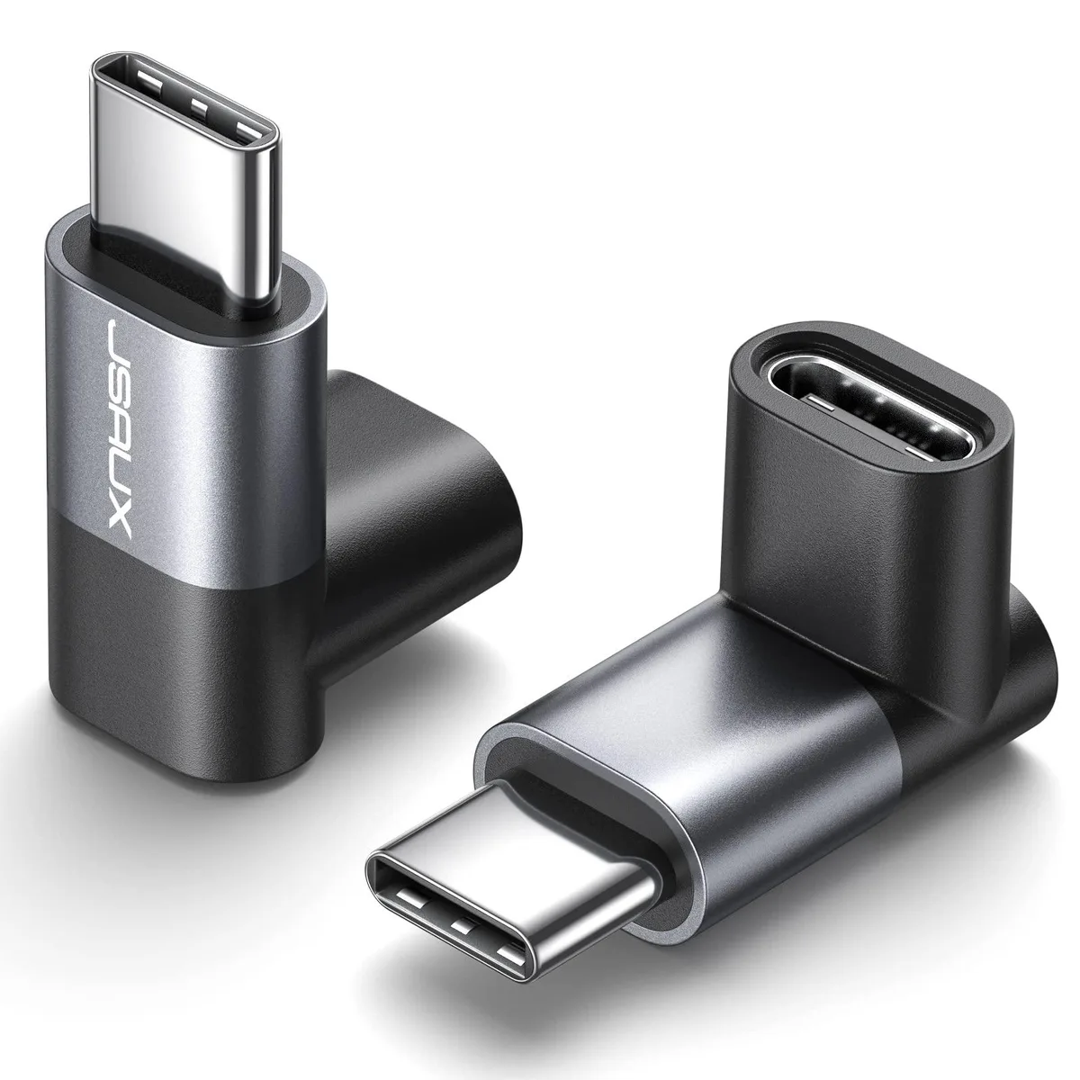 Small grey right-angle USB-C adapter, compact rectangular body with connectors on adjacent sides