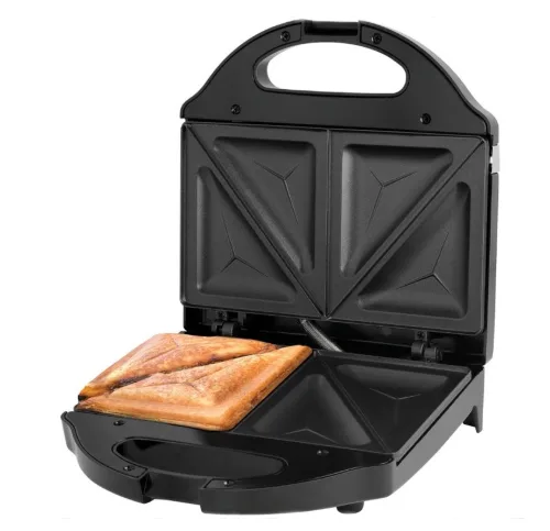 Black four-slice sandwich maker with insulated handle and indicator lights