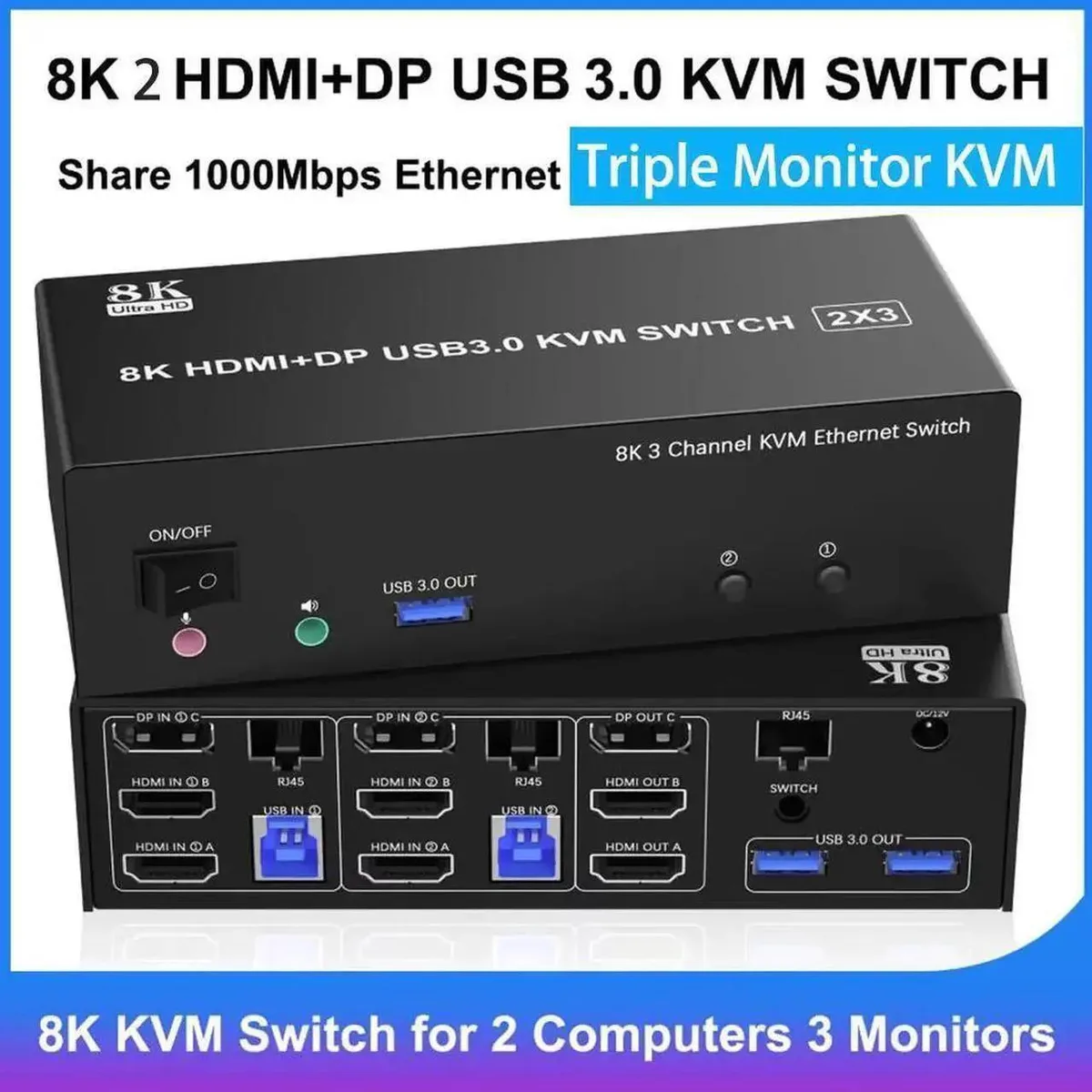 Vszerda Vszerda 3-Monitor 2-Computer KVM Switch 2 HDMI+DP USB 3.0 1000Mbps LAN — product photo