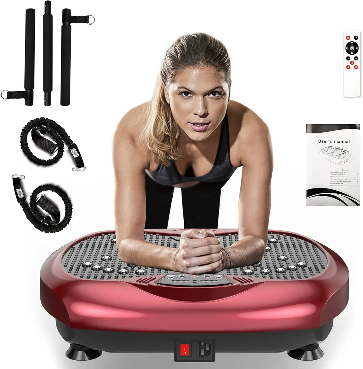 Rectangular vibration platform with pilates bar and resistance bands, black textured surface, compact footprint