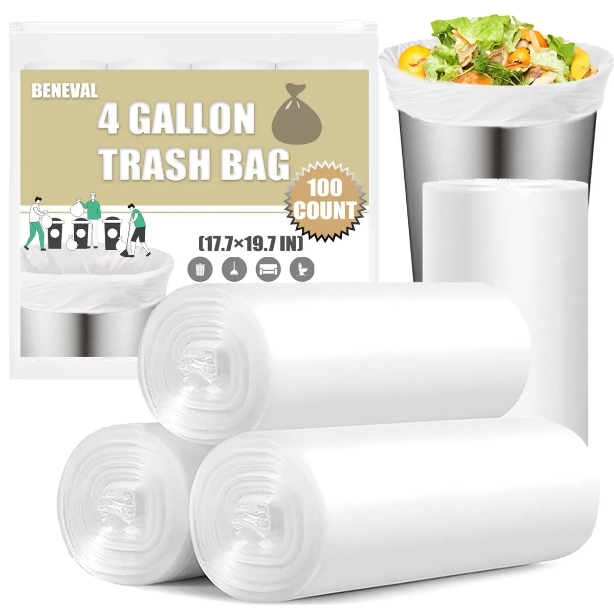 White 4-gallon trash bag roll, 100-count pack, perforated coreless design