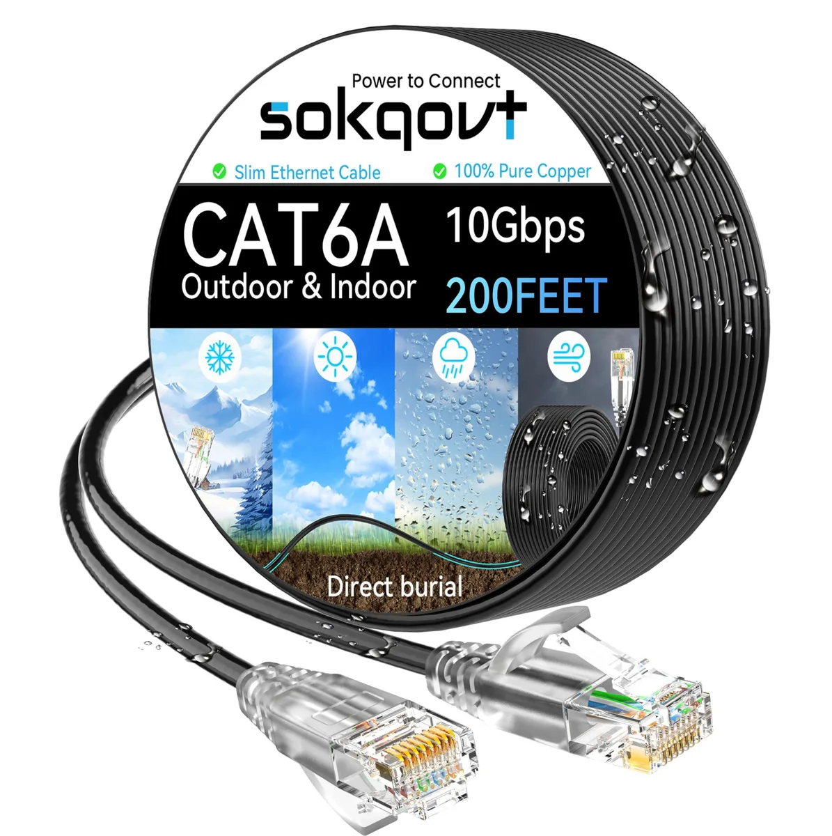 Sokqovt Cat6a Ethernet Cable Slim 200ft 28AWG Pure Copper 10G 550MHz Black — product photo
