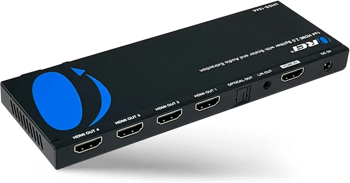 Black rectangular HDMI splitter with four output ports and audio extraction connections