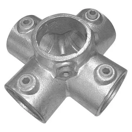 Cast iron cross pipe fitting, gray zinc-plated finish, four sockets, 1.25 in pipe size
