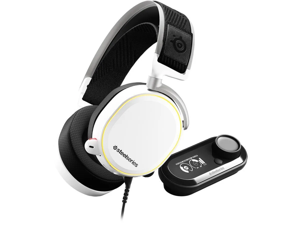 Black over-ear gaming headset with polished steel and aluminum alloy frame, plus separate GameDAC unit