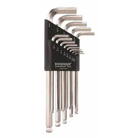 Thirteen L-shaped SAE hex keys in chrome finish on alloy steel handles, Protanium steel long arms, insulated for electrical work