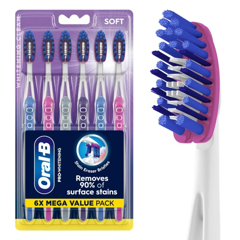 Six multicolour manual toothbrushes with soft bristles and flexible stain-eraser heads