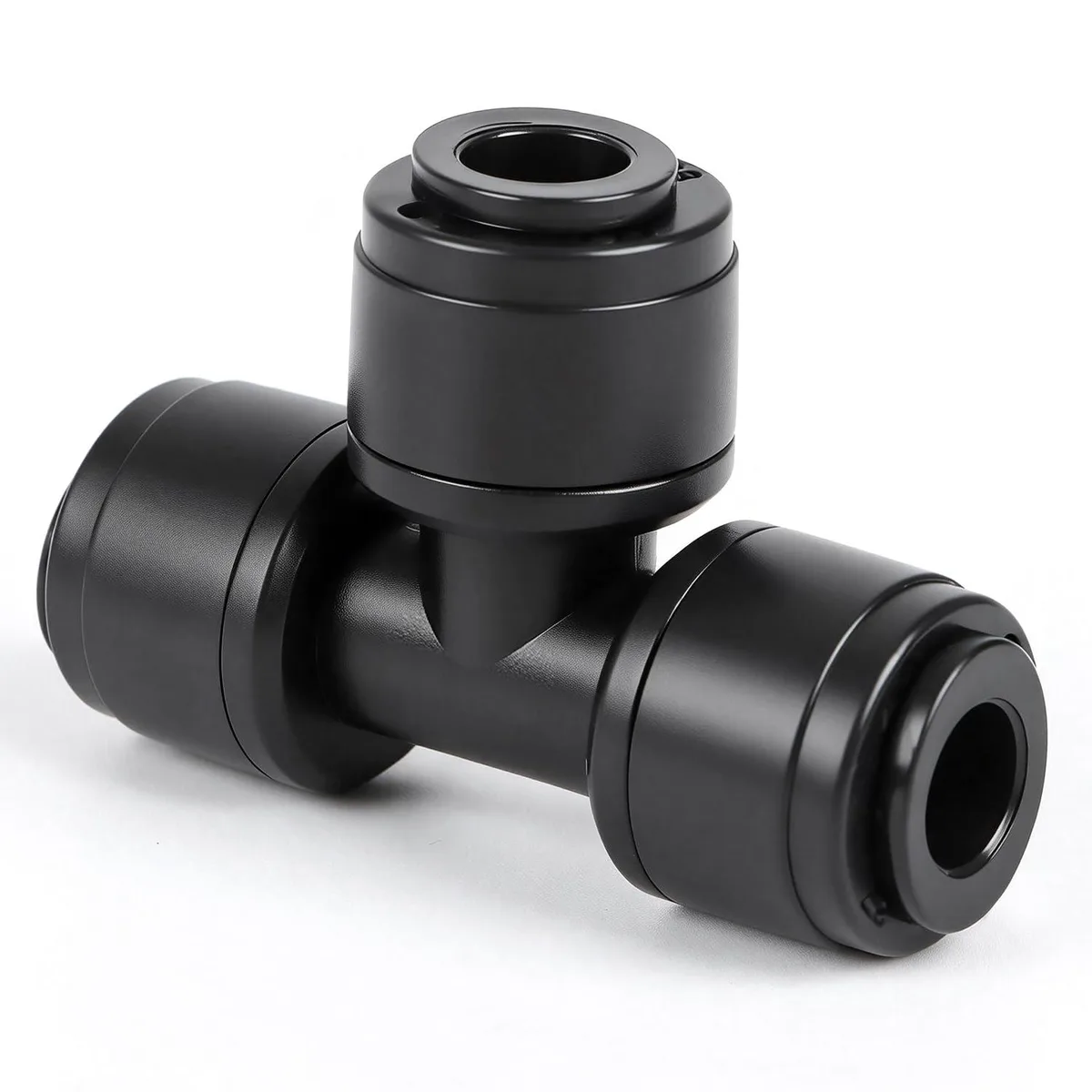 Twelve packs of thirty-two black plastic tee fittings for quarter-inch drip tubing