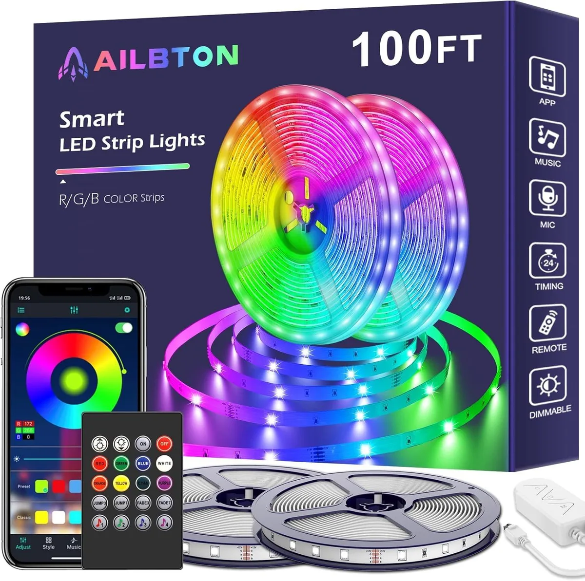 A 100ft multicolor 5050 RGB LED strip light kit with adhesive backing, power adapter, IR remote, and control box