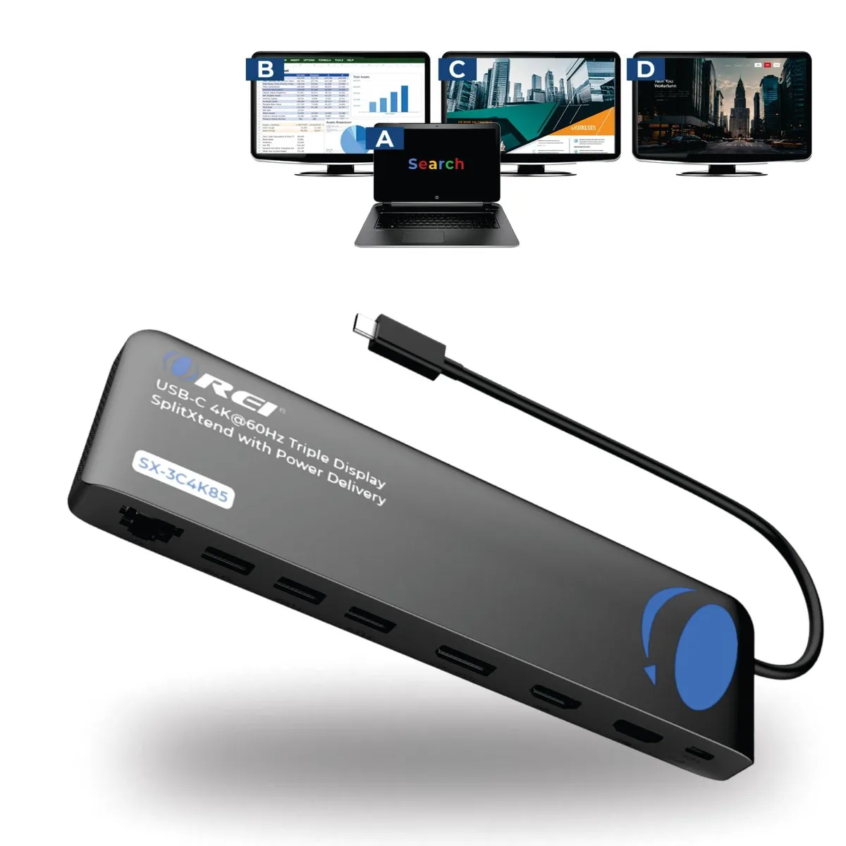  OREI SX-3C4K85 12-in-1 USB-C Dock 2 HDMI DP 85W PD — product photo