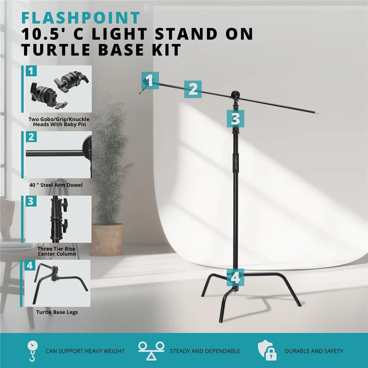 Flashpoint Brand Flashpoint 10.5' C Stand Kit with Turtle Base, 40" Grip Arm, Two 3" Gobo Heads, Baby Pin, Black — product photo