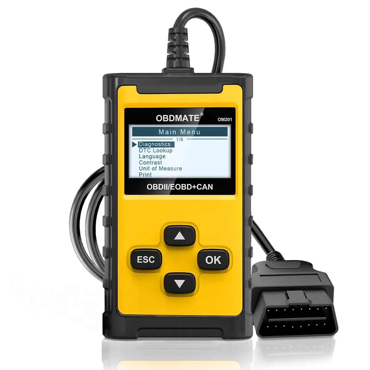 Yellow handheld OBD2 scanner, compact rectangular shape with 16-pin cable attached