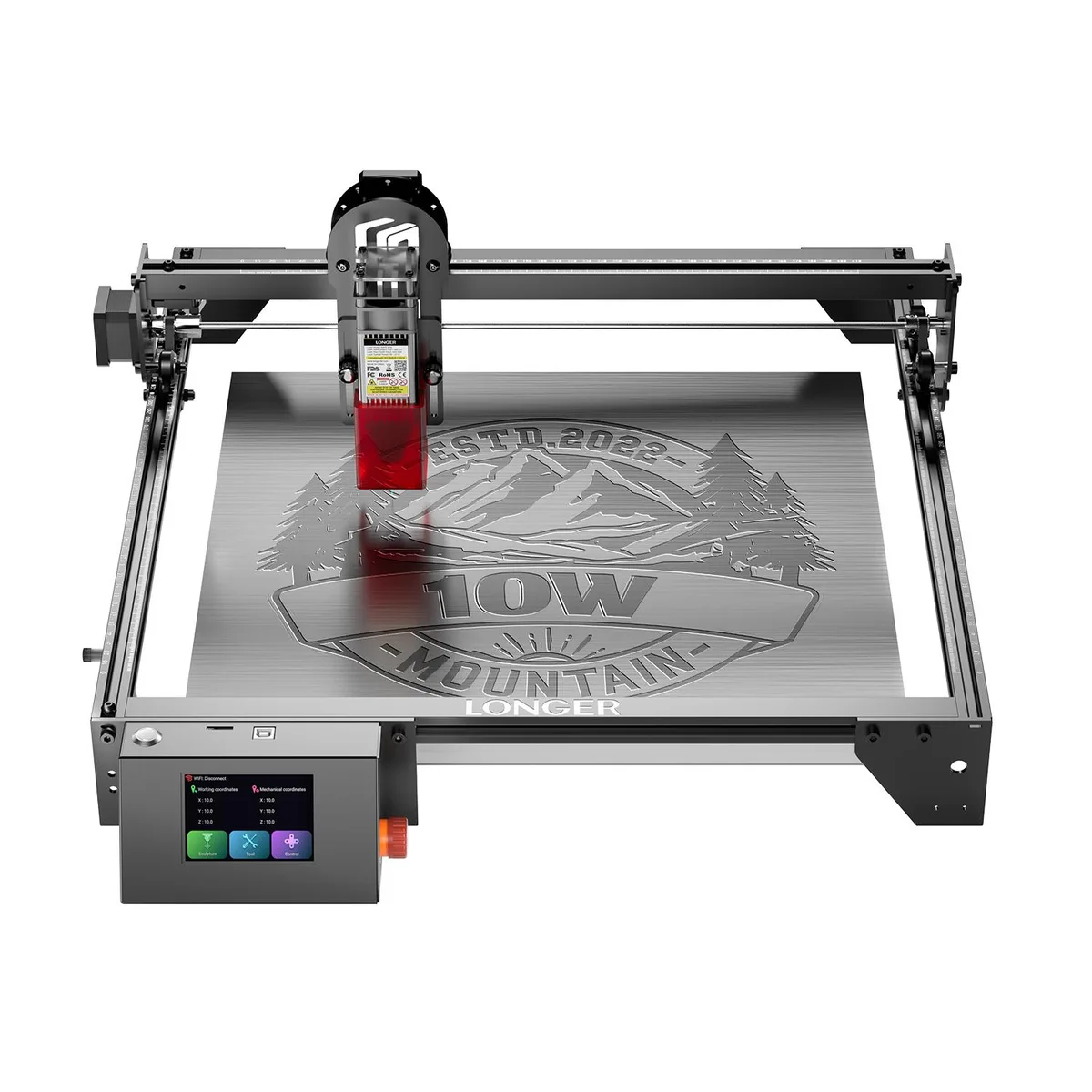 LONGER LONGER RAY5 10W laser engraver 0.06mm spot 3.5" touch screen 15.7" bed — product photo