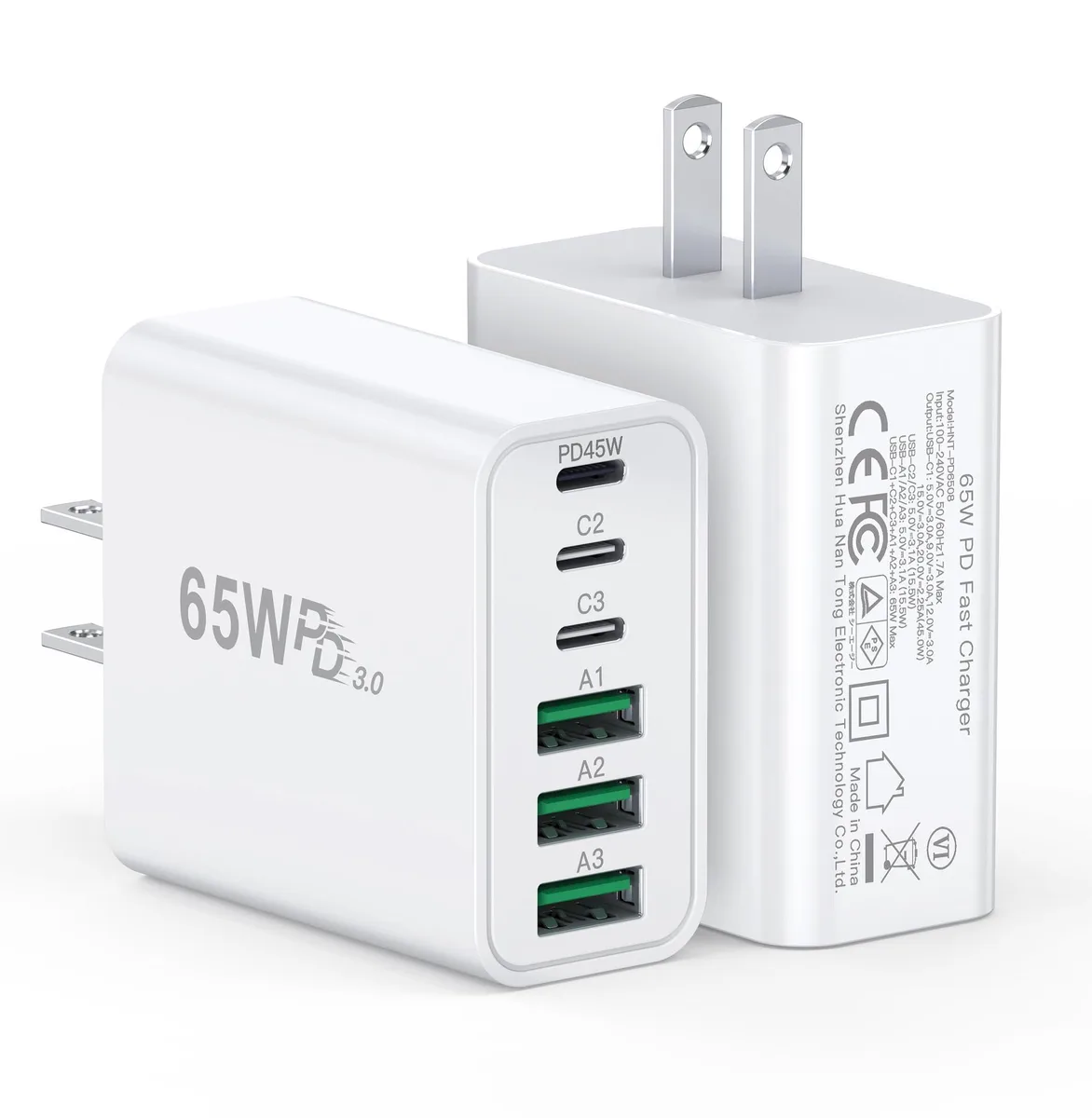 Two white cube USB chargers each with three USB-C and three USB-A ports