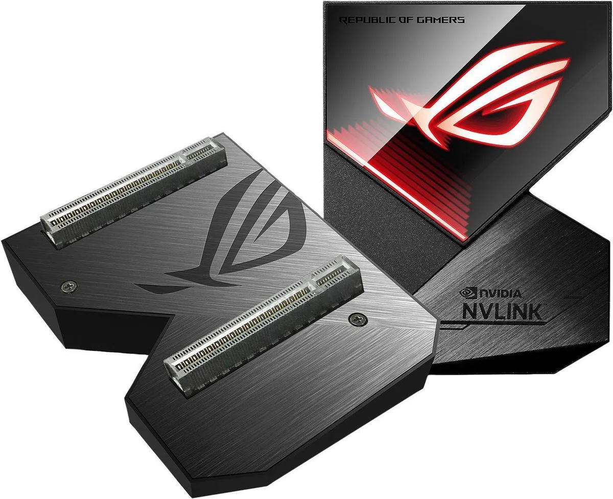 ASUS ROG GeForce RTX NVLink-3 Bridge, three-slot spacing, matte black finish with RGB lighting strip