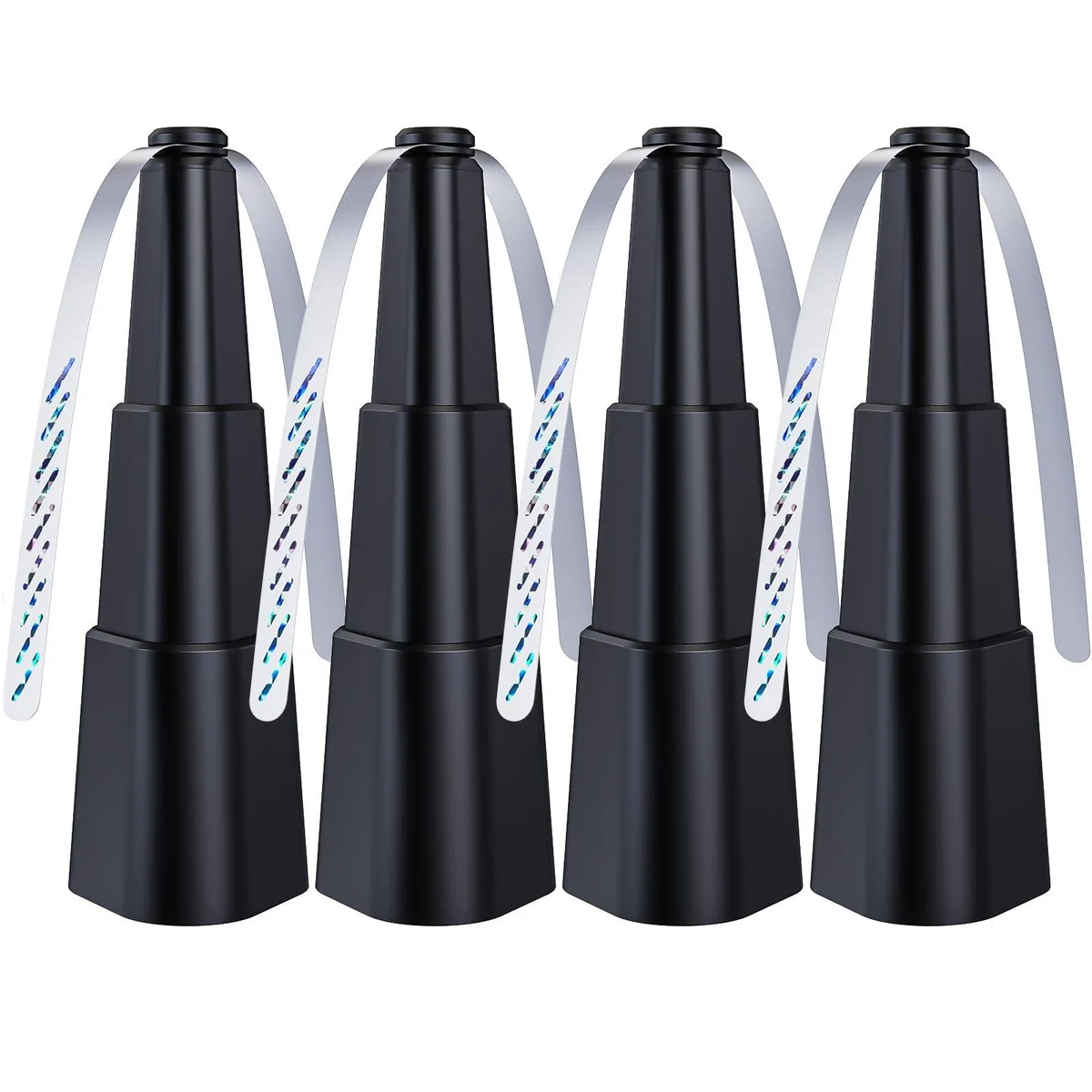 Four black table-top fans with silver blades and hanging hooks
