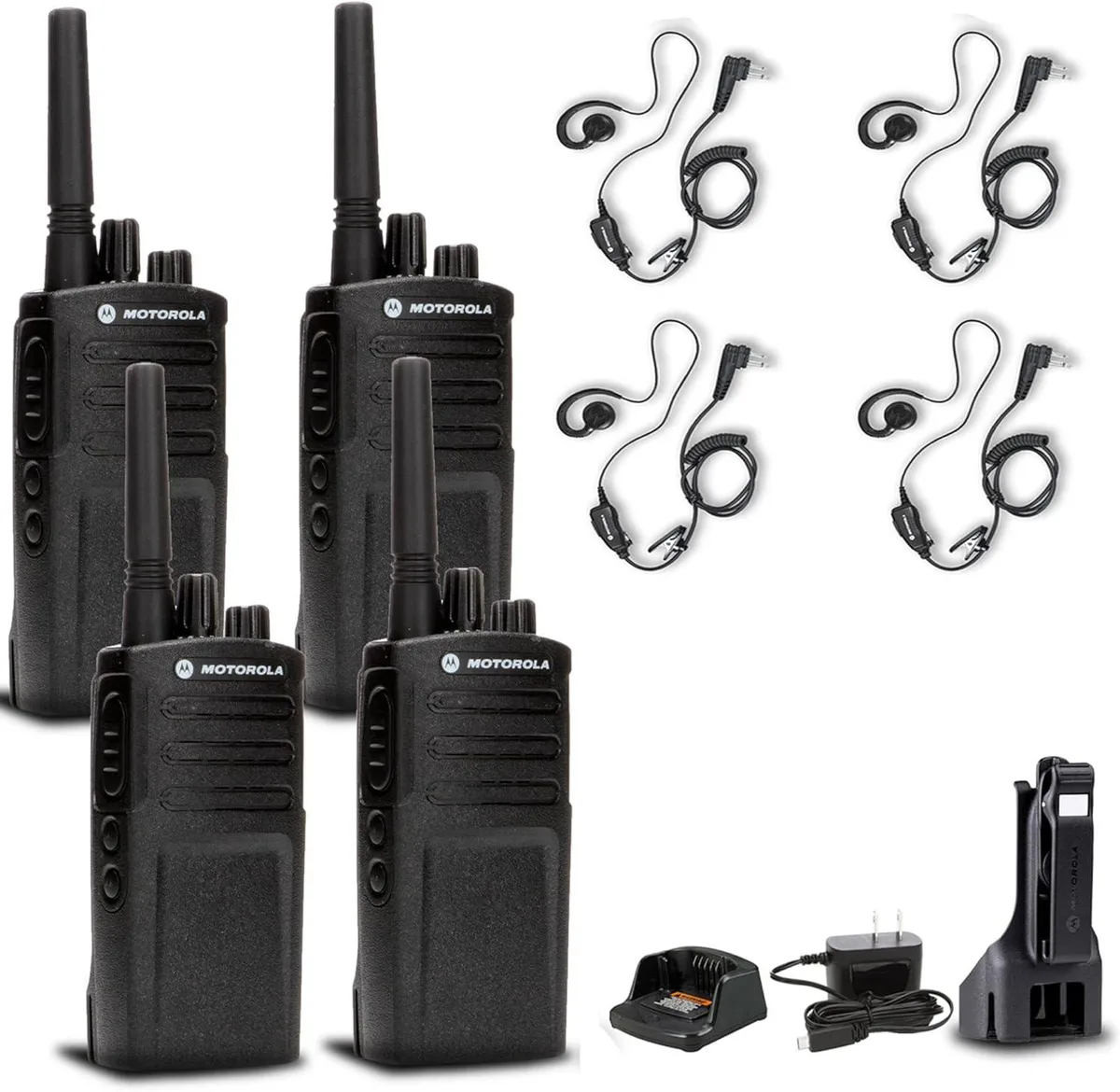 Motorola Motorola RMV2080 two-way radio bundle (4 radios + 4 HKLN4604 earpieces) — product photo
