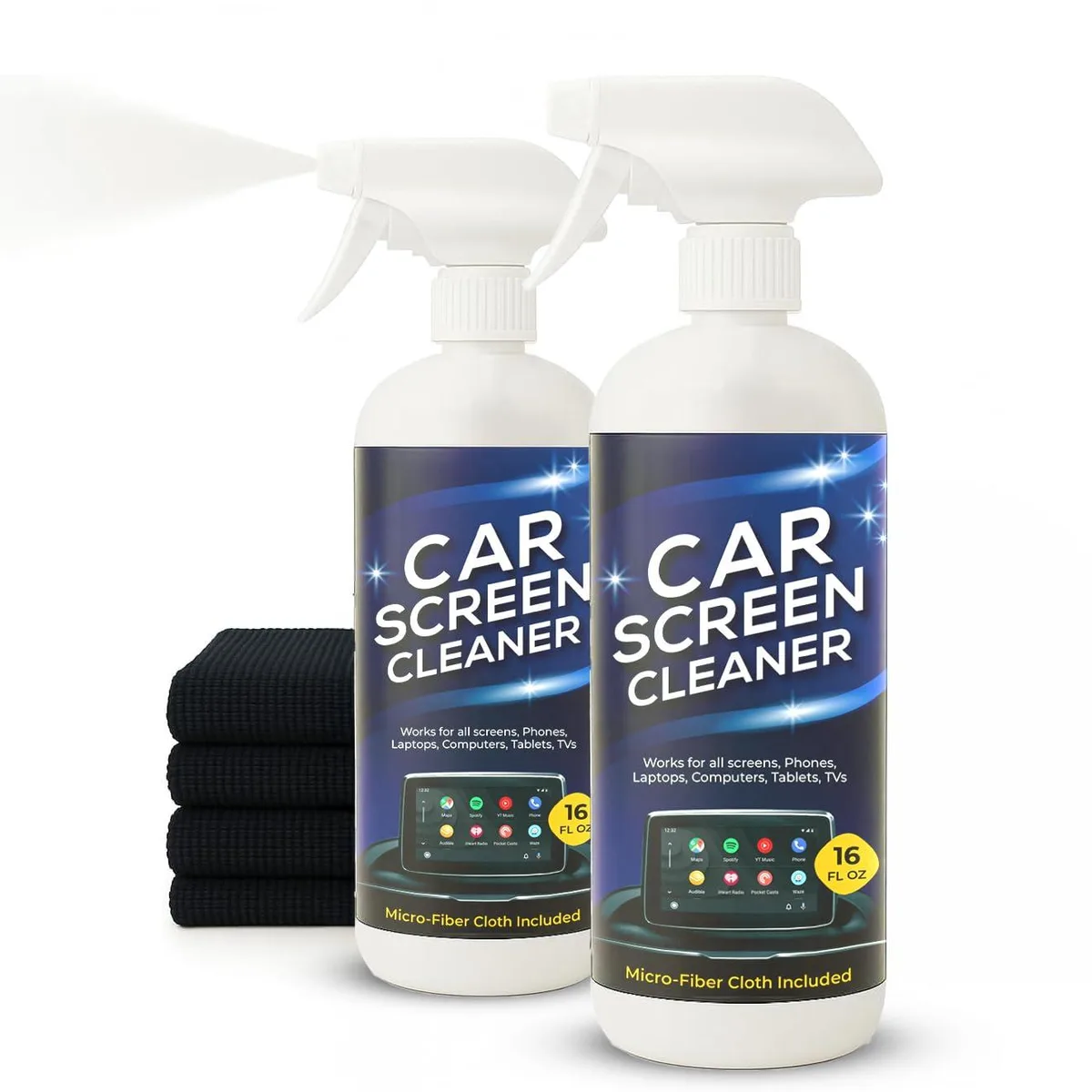 Two blue 16oz spray bottles with microfibre cloths