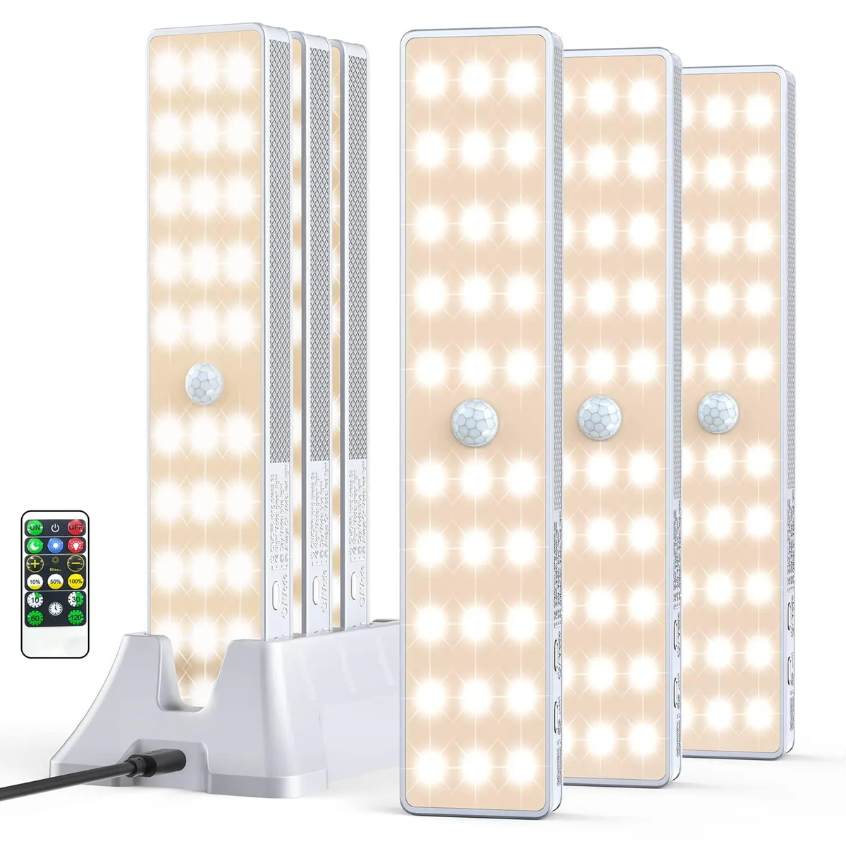 Six white rectangular LED light bars with a matching charging dock