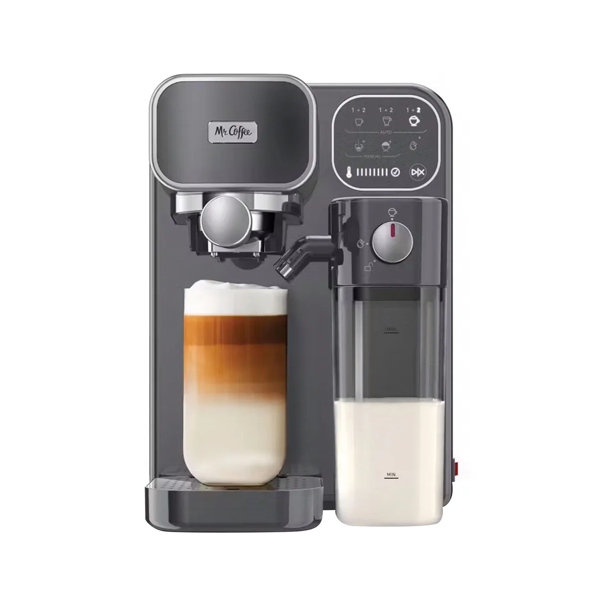 Silver semi-automatic espresso machine with milk frother, digital display, and 800ml water tank