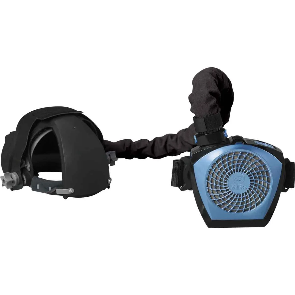 Black and blue belt-mounted cooling unit with hose and helmet connector