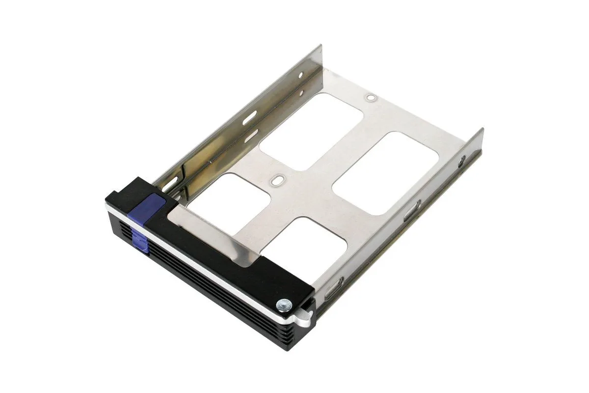 Black metal drive tray with screw holes and side rails