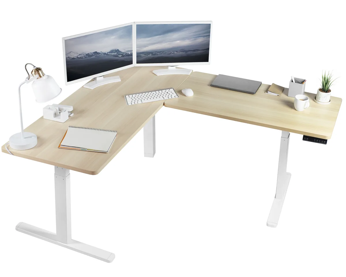 VIVO VIVO Electric L-Shaped Corner Desk 67" x 60" Light Wood White Frame — product photo