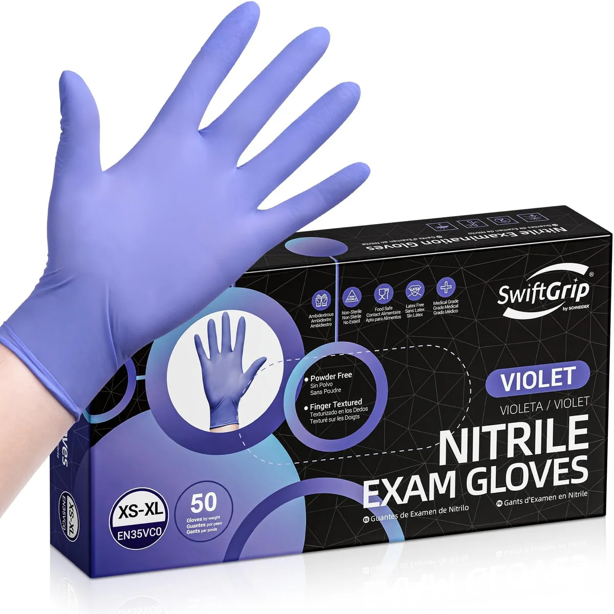  SwiftGrip EN35VC3 Nitrile Exam Gloves Violet Large 3-mil Box of 50 — product photo