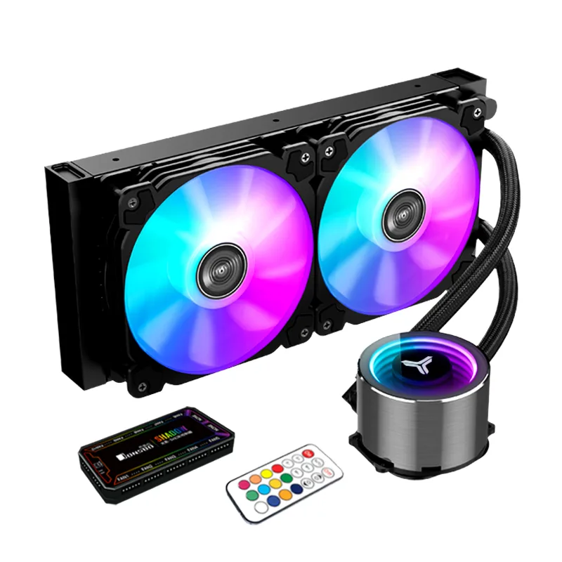Black 240 mm radiator with two 120 mm ARGB fans and matching water block