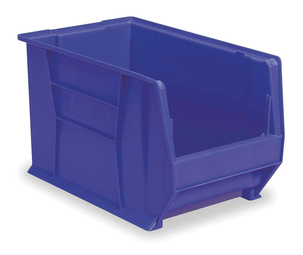 Blue rectangular storage bin with molded rear handle