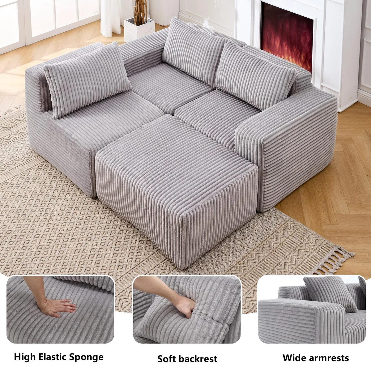 Light gray modular sectional sofa with right-facing chaise, corduroy fabric finish