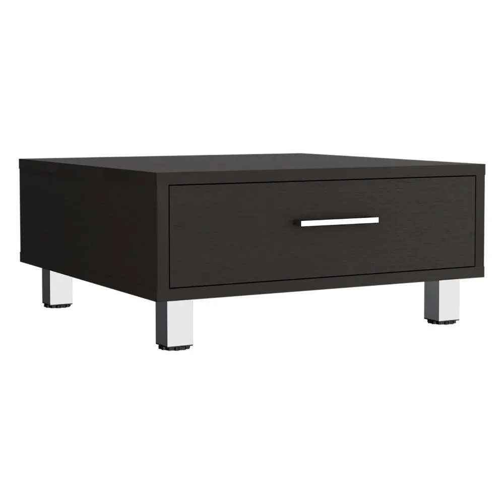 Black rectangular coffee table with one drawer and four legs, particle board finish