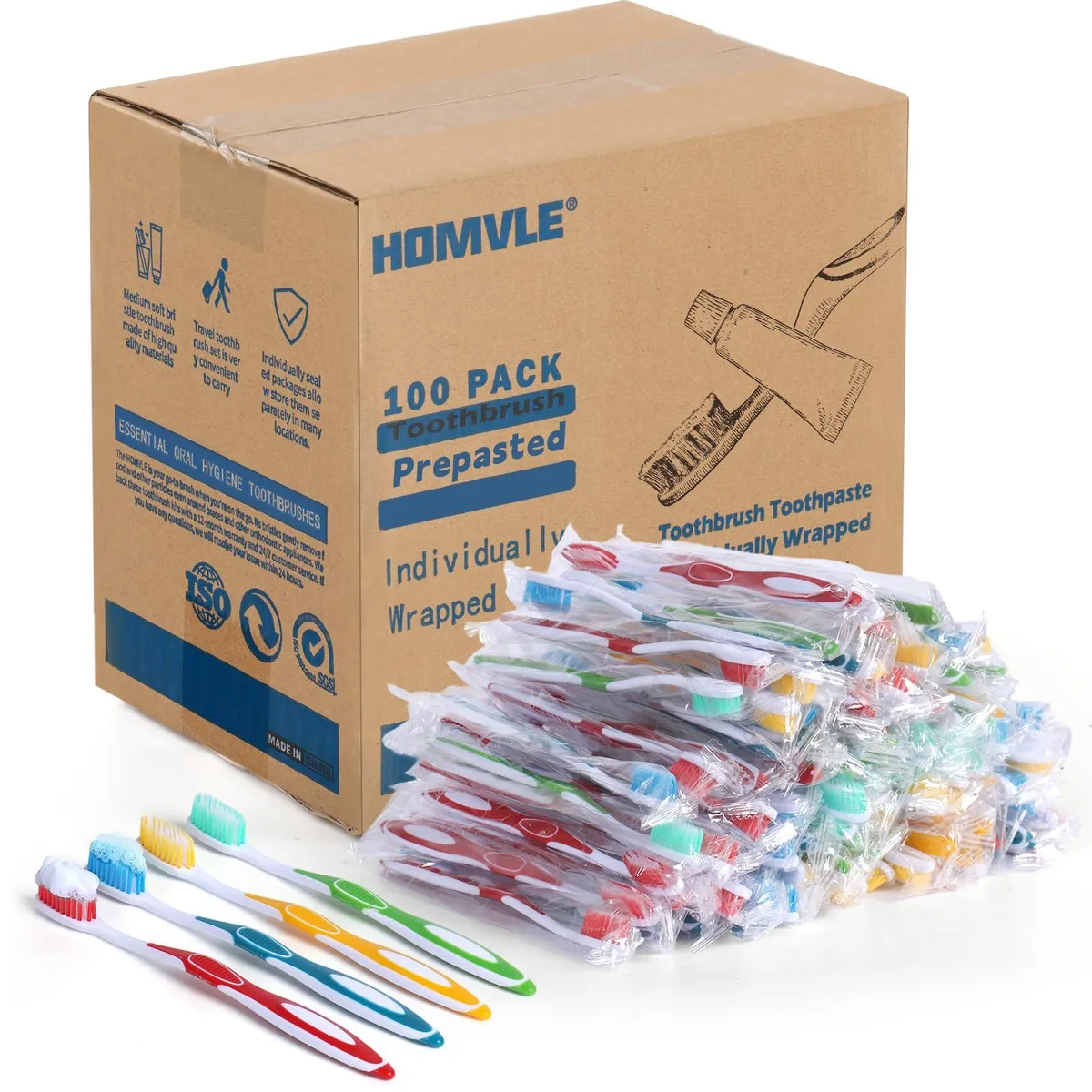 A clear bag holding 100 wrapped prepasted toothbrushes in four colours