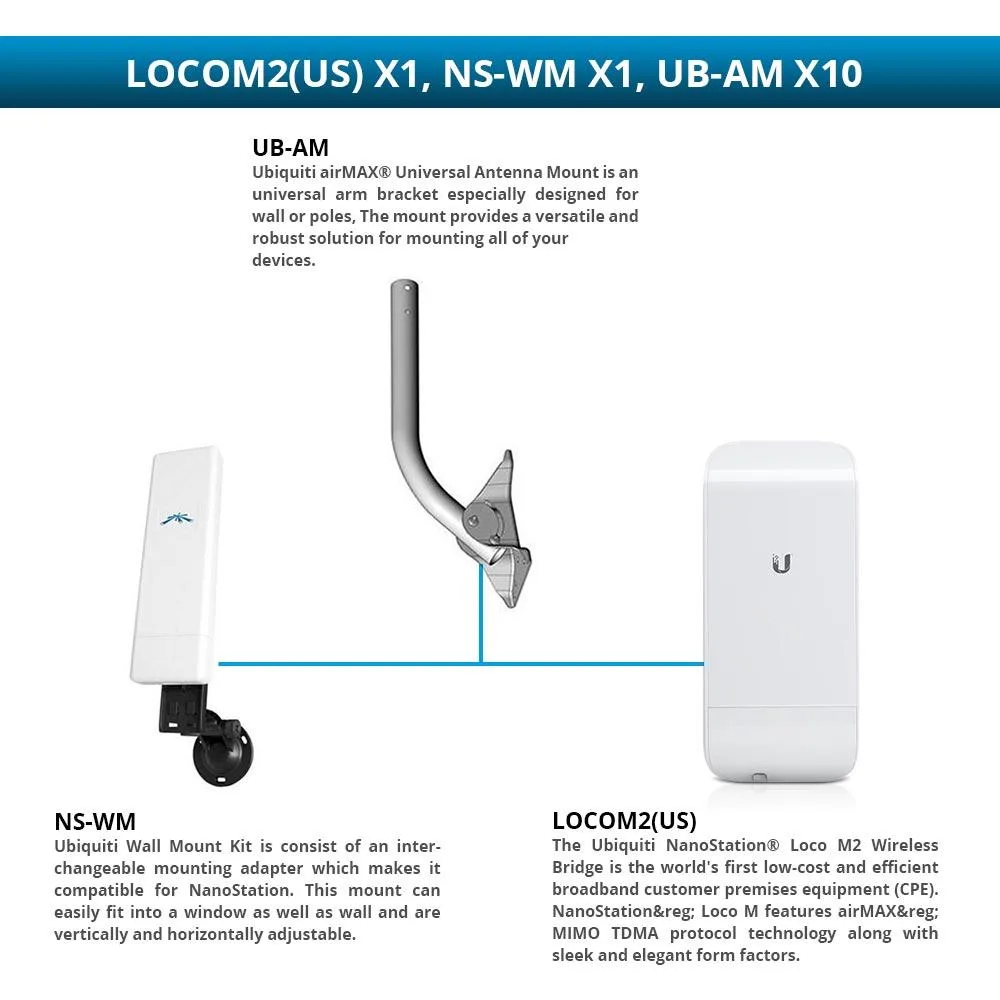 Ubiquiti Networks Ubiquiti Networks NanoStation Loco M2 Wireless Bridge with Wall Mount Kit and Universal Arm Mounting Bracket — product photo