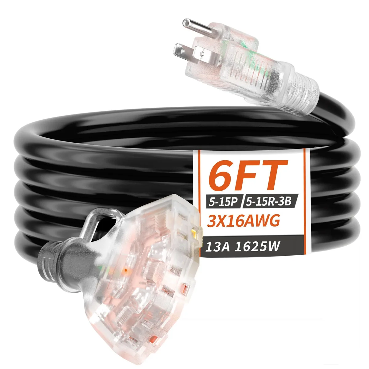  PlugSaf 6 ft 16/3 Outdoor Extension Cord 3 Outlet 13A 1625W Black — product photo