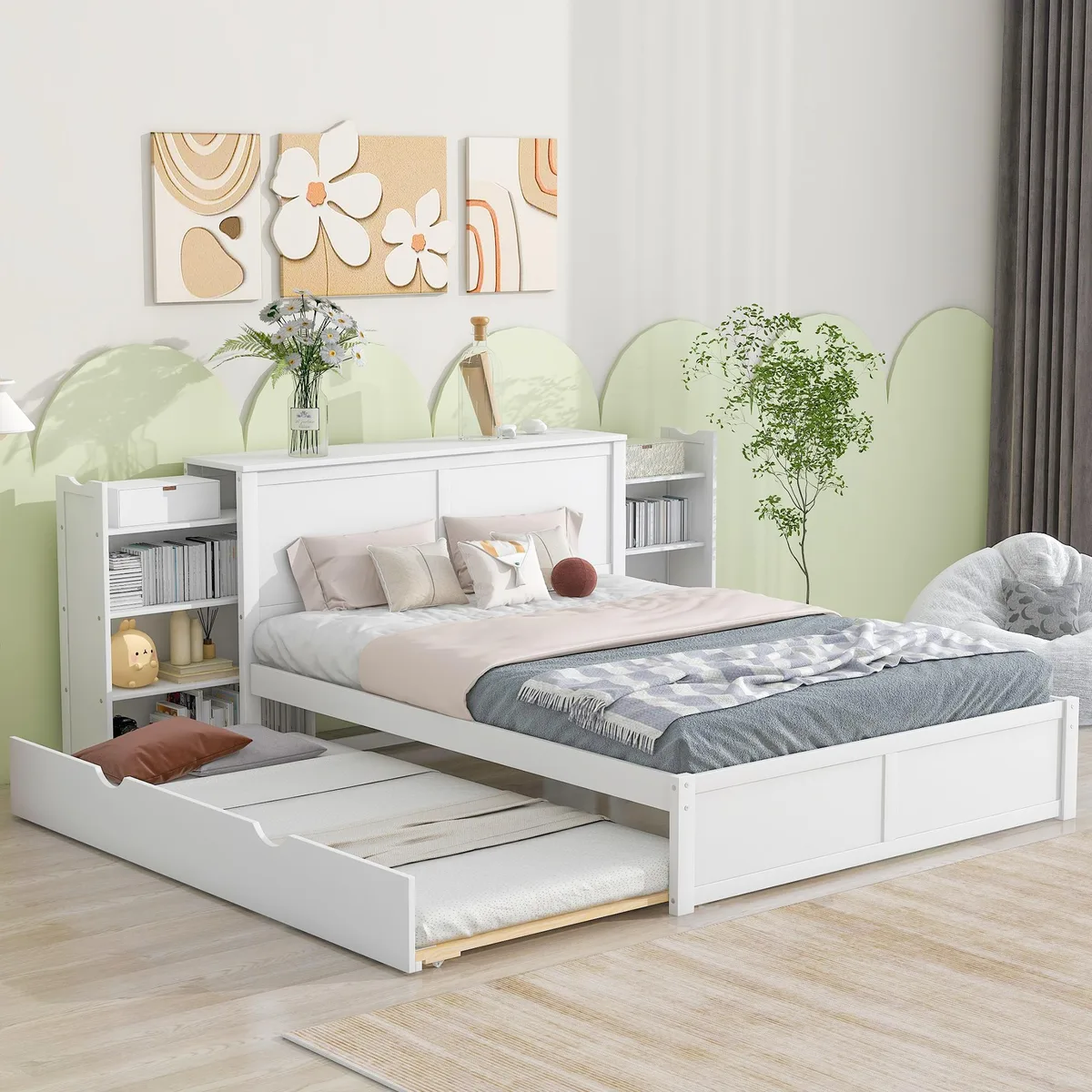 tuphen tuphen Queen Storage Platform Bed with Pull-Out Shelves &amp; Twin XL Trundle, White — product photo