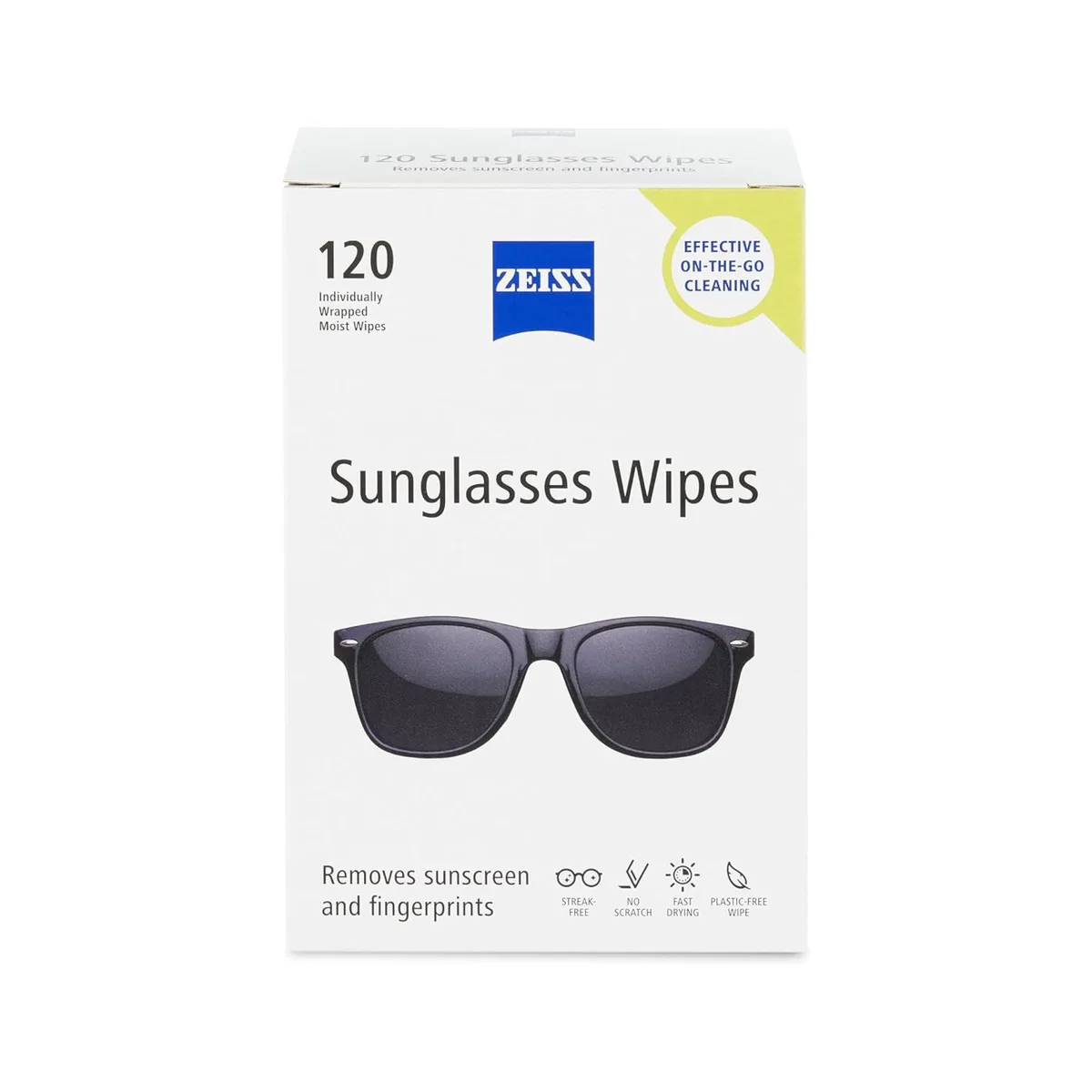 Cardboard box holding 120 individually wrapped lens cleaning wipes
