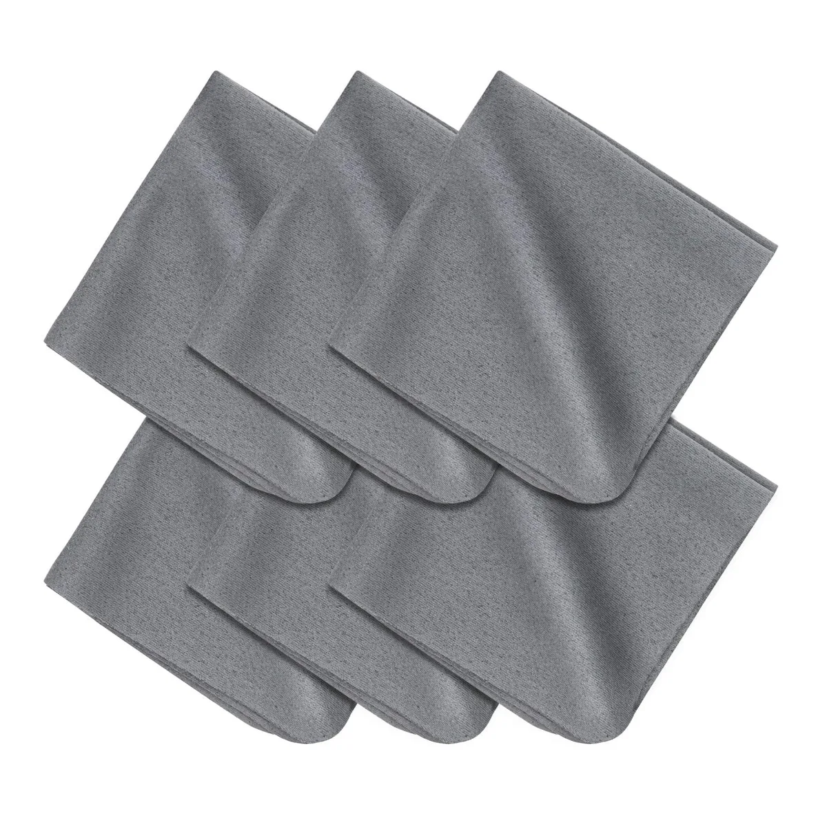 Six square grey microfiber cloths stacked together