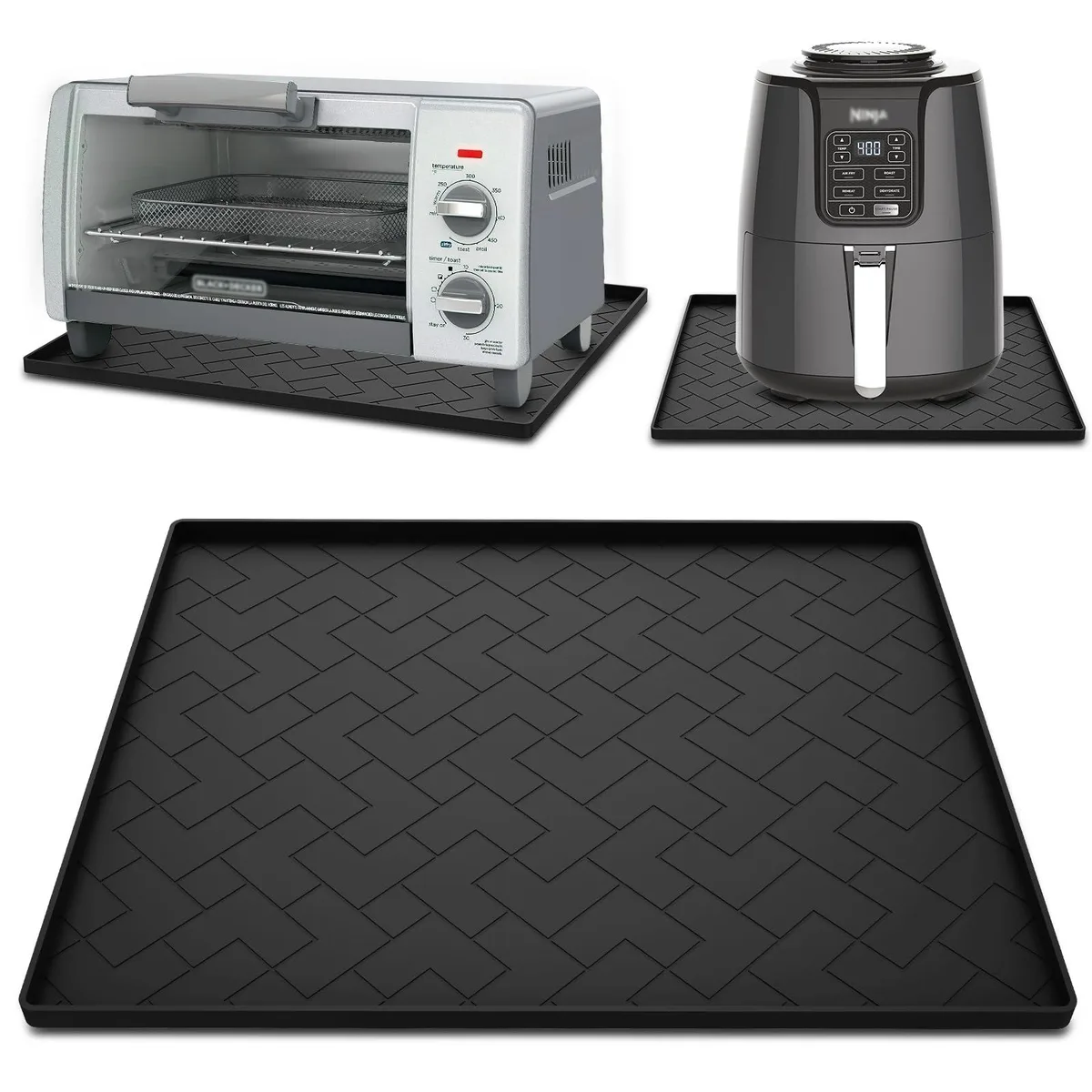 Black rectangular silicone mat 18 by 15 inches half inch thick with concave edges
