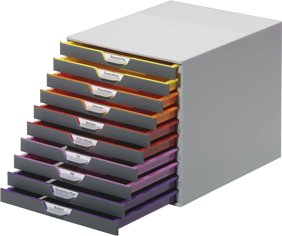 Black plastic desktop drawer unit with ten multicolored drawers, stackable design