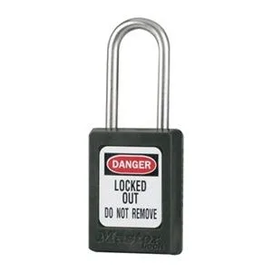 Six black thermoplastic safety padlocks with stainless steel shackles and matching keys