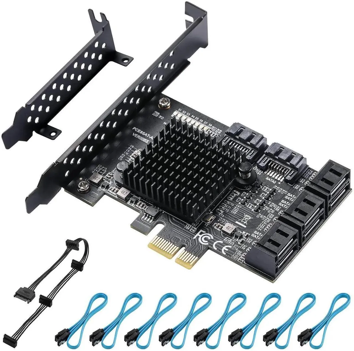 Vszerda Vszerda SATA cable kit with 8-port PCIe controller card, low-profile bracket, power splitter — product photo