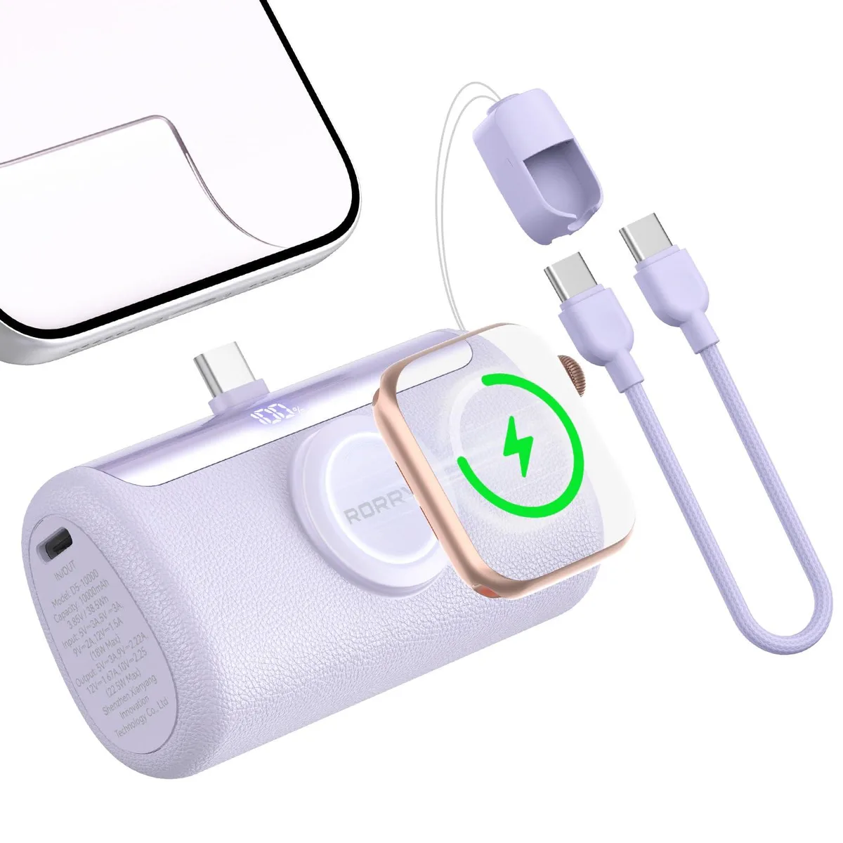 Purple leather-grain power bank with built-in USB-C connector and Apple Watch charger