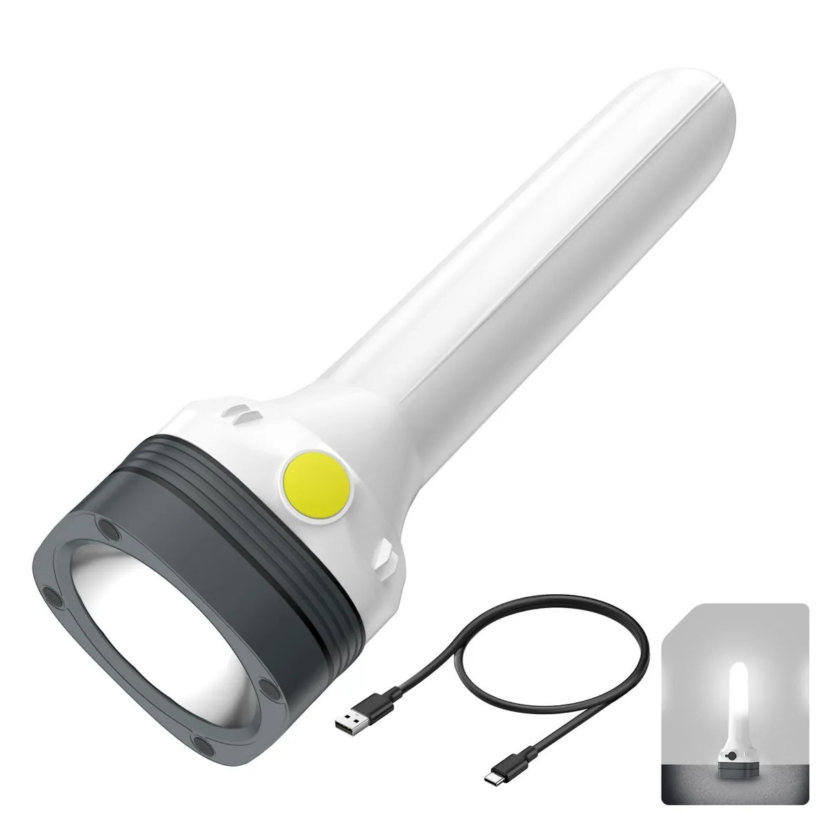 Compact cylindrical lantern flashlight in dark plastic with USB-C port