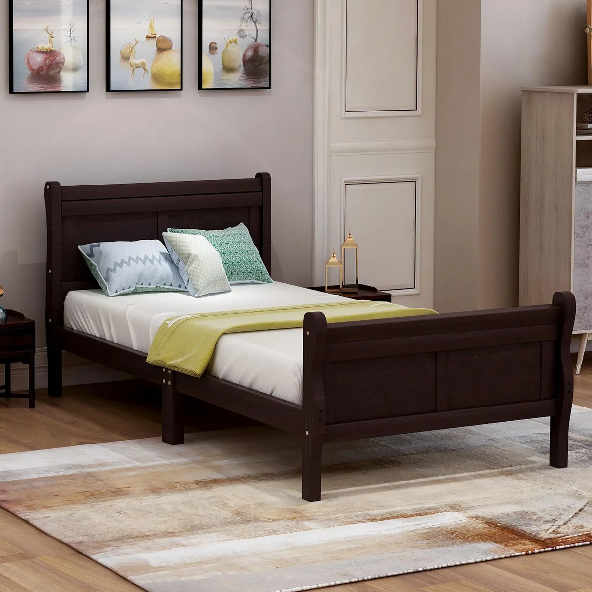 Twin sleigh bed frame in espresso solid wood with hollow headboard and footboard