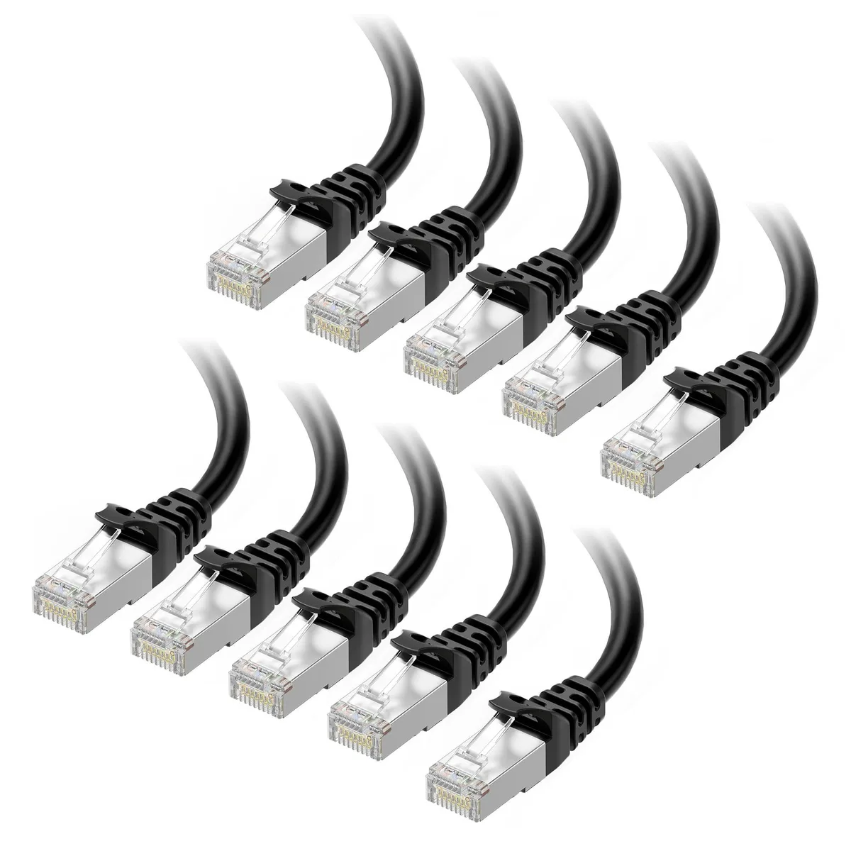 Ten black shielded Cat 6A Ethernet cables with gold RJ45 connectors